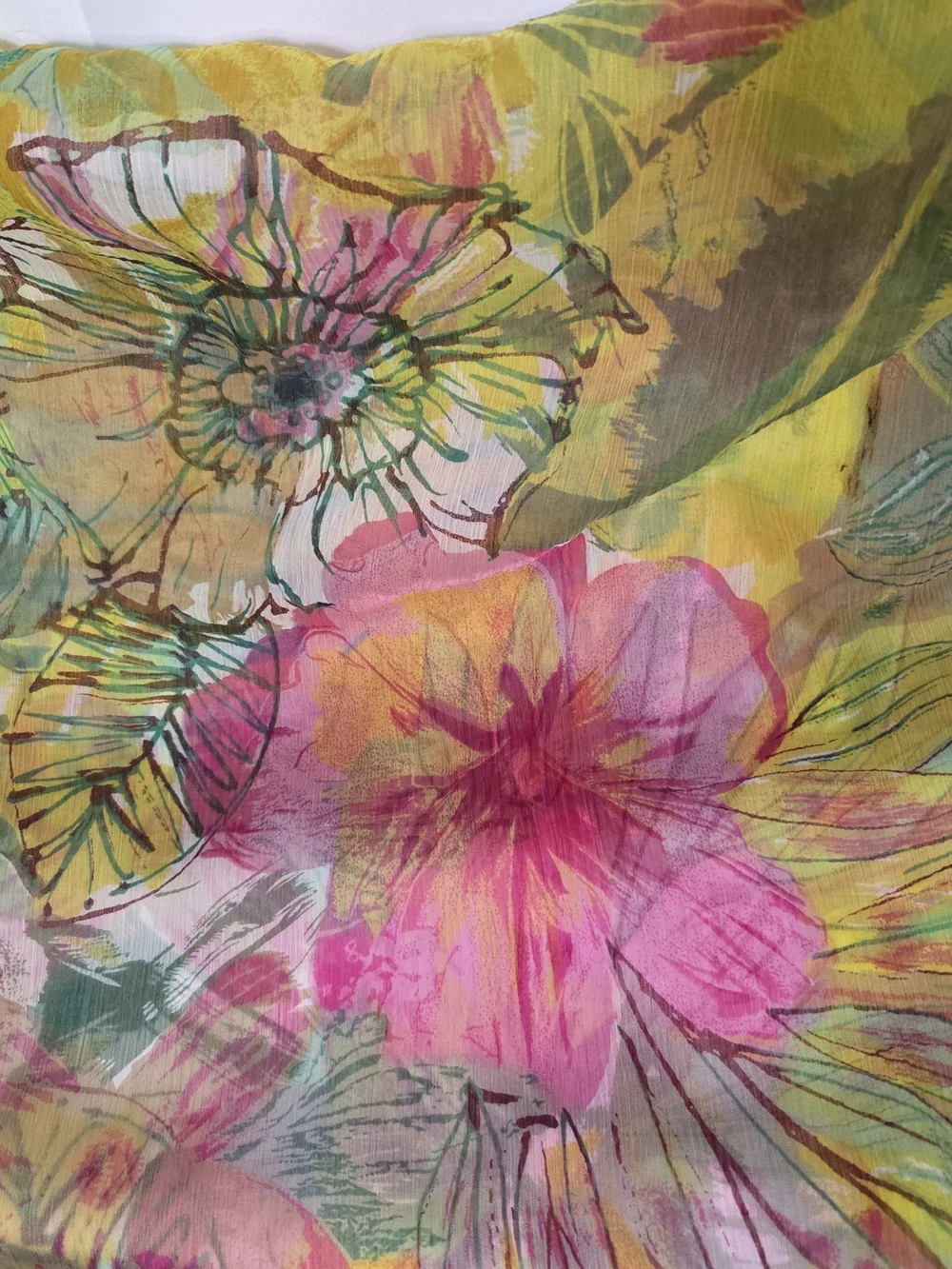 S121. Vintage Floral Multicolor Lightweight Scarf in Yellow, Pink & Green